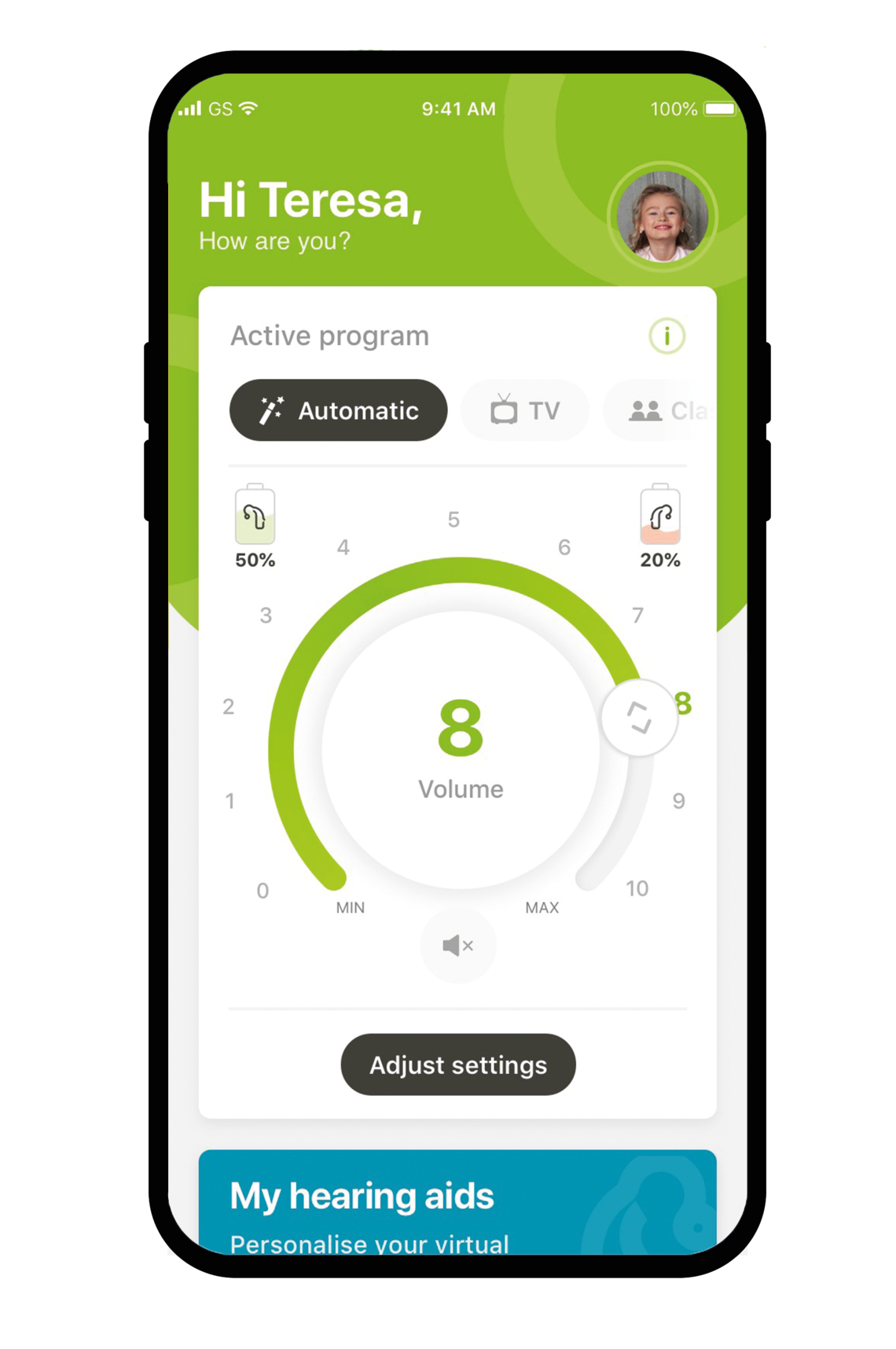 MyPhonak Junior app's welcome screen presented on a screen of a smartphone
