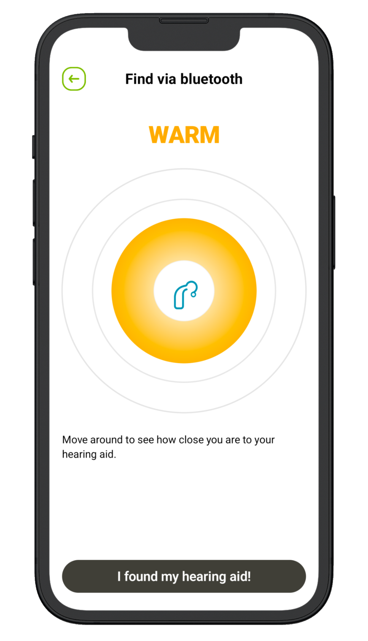 MyPhonak Junior app's "find my hearing aids" function presented on a screen of a smartphone