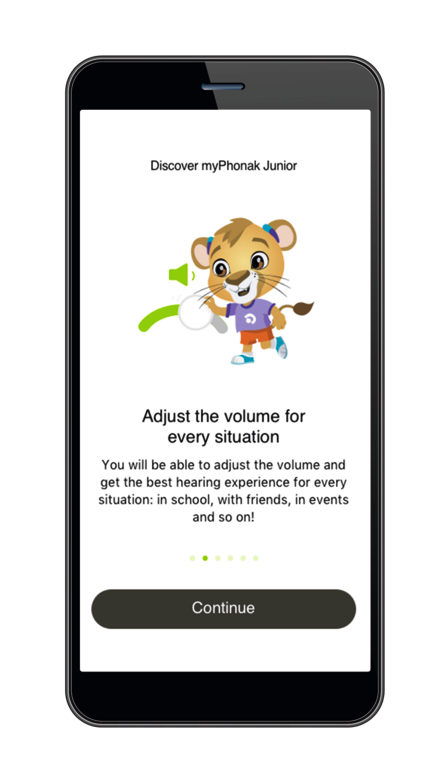 MyPhonak Junior app's "adjust volume" function presented on a screen of a smartphone